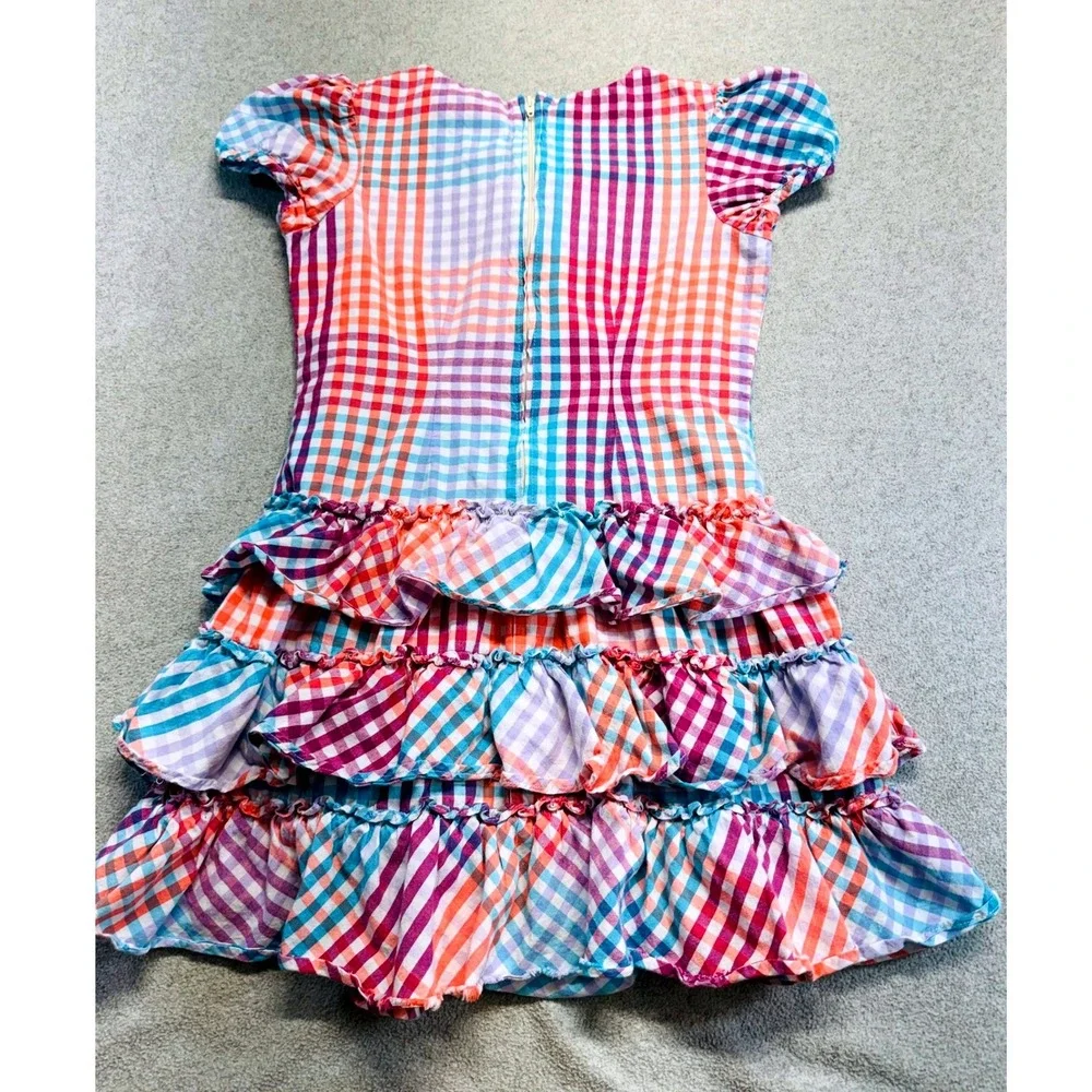 Hartstrings Girls Size 8 Plaid Tiered Ruffle Dress Multicolor Short Sleeve Flowy